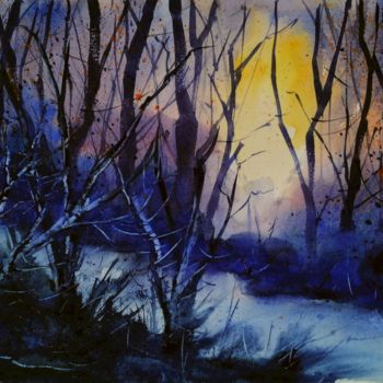 Pittura intitolato "Bosco in blu" da Tito Fornasiero, Opera d'arte originale, Acquarello