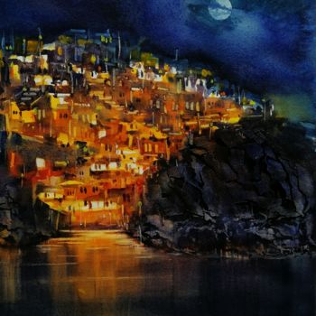 Pittura intitolato "Notte mediterranea" da Tito Fornasiero, Opera d'arte originale, Acquarello