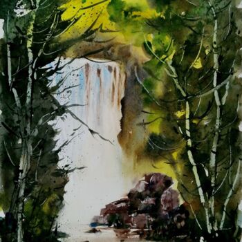 Pittura intitolato "Cascata nel bosco" da Tito Fornasiero, Opera d'arte originale, Acquarello