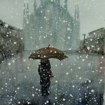Pintura intitulada "Milano - Nevicata i…" por Tito Fornasiero, Obras de arte originais, Aquarela