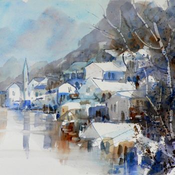 Malerei mit dem Titel "Villaggio alpino" von Tito Fornasiero, Original-Kunstwerk, Aquarell