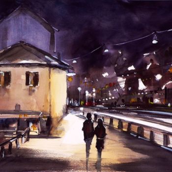 Painting titled "Milano, notte lungo…" by Tito Fornasiero, Original Artwork, Watercolor