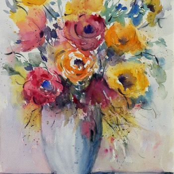 Pintura intitulada "Vaso di fiori" por Tito Fornasiero, Obras de arte originais, Aquarela