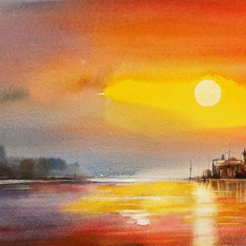 Painting titled "Magia del tramonto" by Tito Fornasiero, Original Artwork, Watercolor