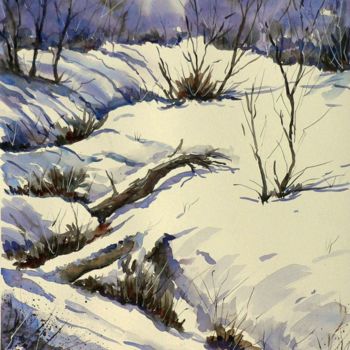 Pittura intitolato "Paesaggio con neve" da Tito Fornasiero, Opera d'arte originale, Acquarello