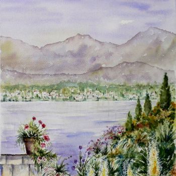 Painting titled "Giardino sul lago d…" by Tito Fornasiero, Original Artwork, Watercolor