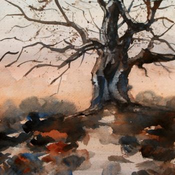 Pintura intitulada "Il vecchio albero" por Tito Fornasiero, Obras de arte originais, Aquarela