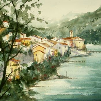 Painting titled "Colonno (Lago di Co…" by Tito Fornasiero, Original Artwork, Watercolor