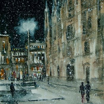 Painting titled "Milano, in piazza D…" by Tito Fornasiero, Original Artwork, Watercolor