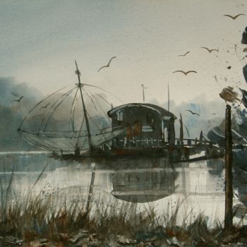 Malerei mit dem Titel "Vivere sul fiume" von Tito Fornasiero, Original-Kunstwerk, Aquarell