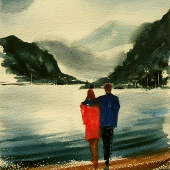 Malarstwo zatytułowany „In riva al lago” autorstwa Tito Fornasiero, Oryginalna praca, Akwarela