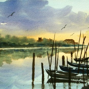 Painting titled "Tramonto sulla lagu…" by Tito Fornasiero, Original Artwork, Watercolor