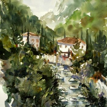 Painting titled "Toscolano - La vall…" by Tito Fornasiero, Original Artwork, Watercolor