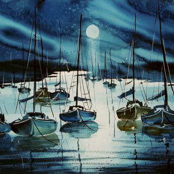 Pintura intitulada "Blue Moon" por Tito Fornasiero, Obras de arte originais, Aquarela