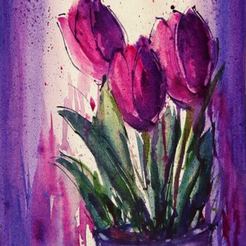 Pintura intitulada "Tulipani" por Tito Fornasiero, Obras de arte originais, Aquarela