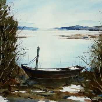 Pittura intitolato "Barca solitaria" da Tito Fornasiero, Opera d'arte originale, Acquarello