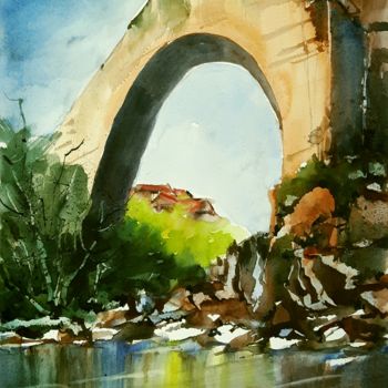 Painting titled "Paesaggio con ponte…" by Tito Fornasiero, Original Artwork, Watercolor