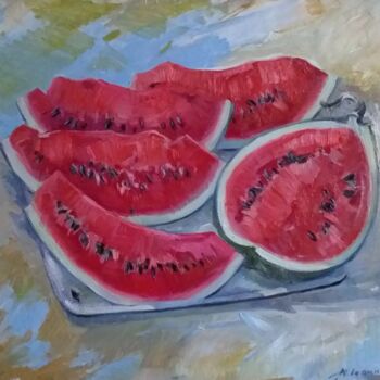 Painting titled "Sweet Watermelon -…" by Tatiana Lapina, Original Artwork, Oil Mounted on Wood Stretcher frame