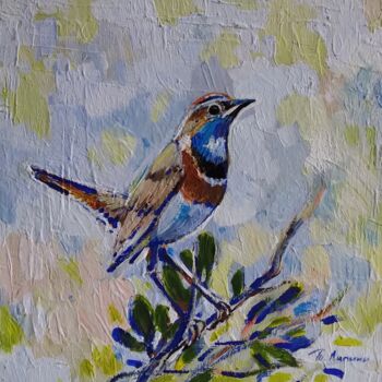 Painting titled "Bluethroat bird" by Tatiana Lapina, Original Artwork, Acrylic Mounted on Cardboard