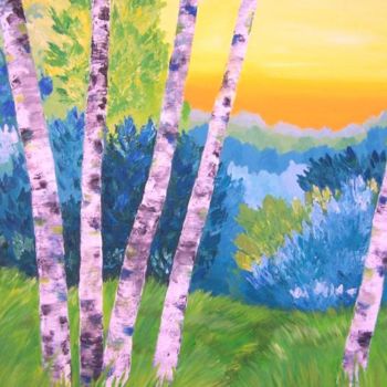 Painting titled "Morning Birches." by Tatyana Leksikova, Original Artwork, Oil