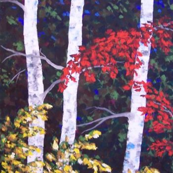 Painting titled "Evening Birches" by Tatyana Leksikova, Original Artwork, Oil
