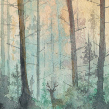 Painting titled "Into the Wood 2" by Uynsart, Original Artwork, Watercolor Mounted on Wood Stretcher frame