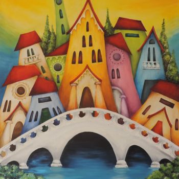Pittura intitolato "le case sul ponte" da Claudia Pistola, Opera d'arte originale, Acrilico