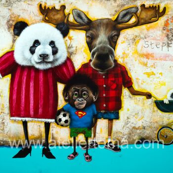 Schilderij getiteld "Stepfamily (1)" door Toma, Origineel Kunstwerk, Acryl Gemonteerd op Frame voor houten brancard