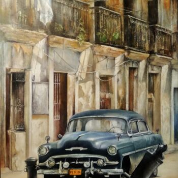 Painting titled "blue car- Old Havana" by Tomás Castaño, Original Artwork, Oil