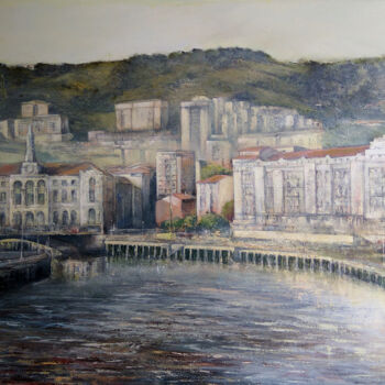 Painting titled "Panorámica de Bilbao" by Tomás Castaño, Original Artwork, Oil Mounted on Wood Panel