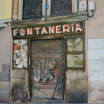 Painting titled "Antigua Fontanería" by Tomás Castaño, Original Artwork, Oil Mounted on Wood Panel