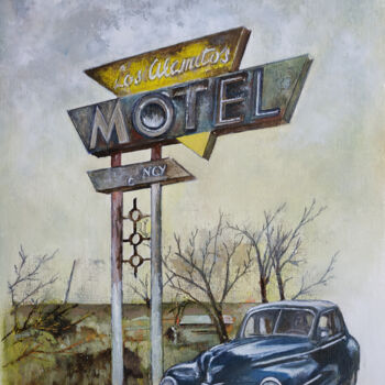 Painting titled "Los Alamitos Motel-…" by Tomás Castaño, Original Artwork, Oil Mounted on Wood Panel