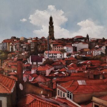 Painting titled "Panorámica de Oport…" by Tomás Castaño, Original Artwork, Oil Mounted on Wood Stretcher frame