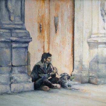 Pintura titulada "Flautista con perro" por Tomás Castaño, Obra de arte original, Oleo