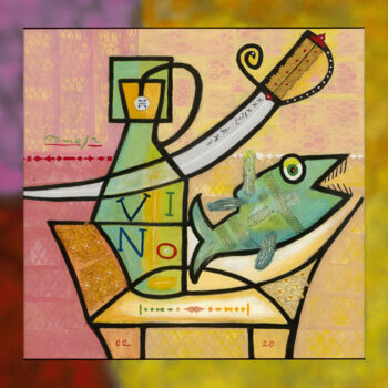 Картина под названием "Wine and green fish" - Tomasz, Подлинное произведение искусства, Акрил