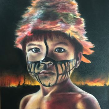 Malerei mit dem Titel "Amazon on fire" von Everton Tolentino, Original-Kunstwerk, Öl