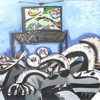 Painting titled "woman and tv" by Toni Milaqi, Original Artwork