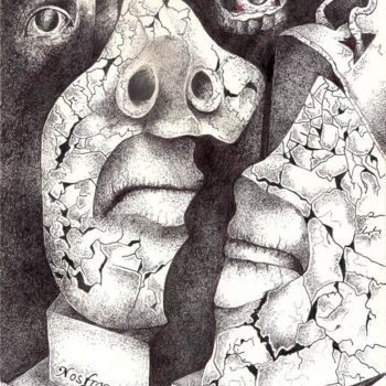 Drawing titled "NOS FRAGMENTS" by Tonio Caltabiano, Original Artwork, Ballpoint pen