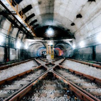Digitale Kunst getiteld "Train Tracks Under…" door Tony Rubino, Origineel Kunstwerk, Digitaal Schilderwerk Gemonteerd op Fra…