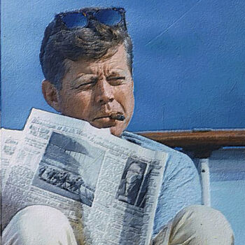 Digital Arts titled "JFK and Newspaper S…" by Tony Rubino, Original Artwork, Digital Painting Mounted on Wood Stretcher frame