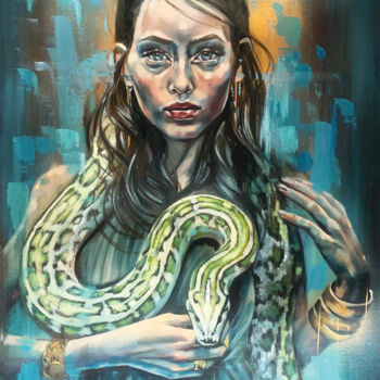 Painting titled "Eve and the serpent." by Tonya Seiler, Original Artwork, Oil Mounted on Wood Stretcher frame