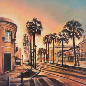 Schilderij getiteld "Cascais Palms Sunset" door Tonya Seiler, Origineel Kunstwerk, Olie Gemonteerd op Frame voor houten bran…