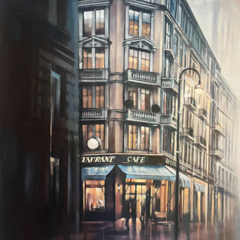 Schilderij getiteld "French Cafe" door Tonya Seiler, Origineel Kunstwerk, Olie Gemonteerd op Frame voor houten brancard