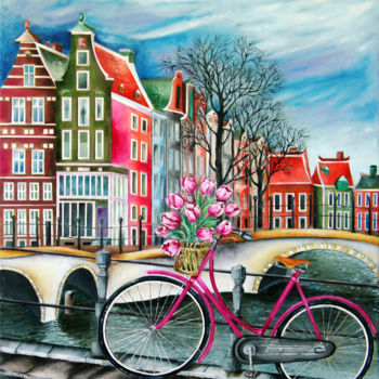 Painting titled "Bike Stop - Amsterd…" by Miriam Besa, Original Artwork, Oil