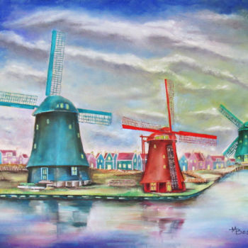 Painting titled "Windmill Village, A…" by Miriam Besa, Original Artwork, Oil