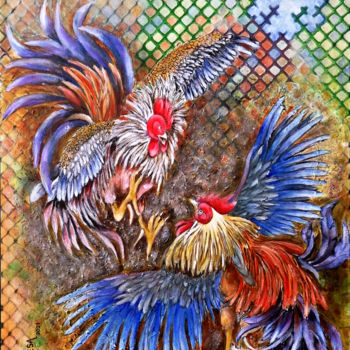 Painting titled "Cockfight 2" by Miriam Besa, Original Artwork, Oil