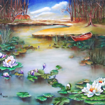 Painting titled "Waterlilies at Dusk" by Miriam Besa, Original Artwork, Oil