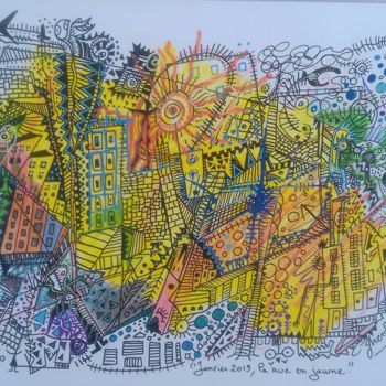 Dessin intitulée "la rue en jaune" par Girerd Christophe, Œuvre d'art originale, Encre