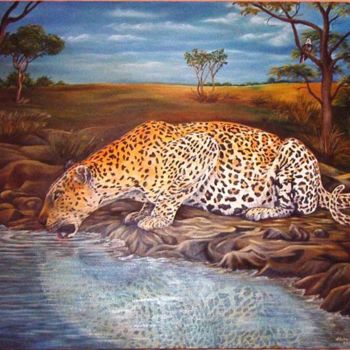 Painting titled "Su İçen Leopar" by Hatun Erdem, Original Artwork