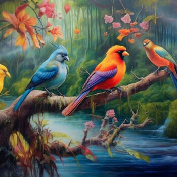 Arte digital titulada "Colorful Birds 1  -…" por Toshima Hayashi, Obra de arte original, Impresión digital Montado en Alumin…